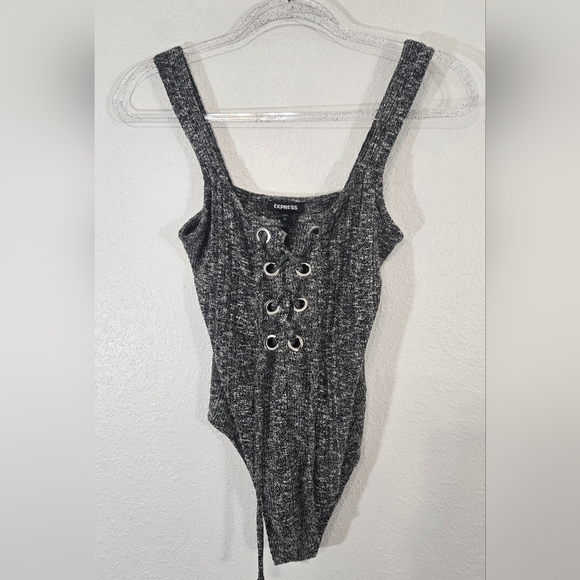 *NWT* Express Black/White Lace-Up Ribbed Bodysuit Festival Dark Academia Edgy, S - Picture 1 of 7